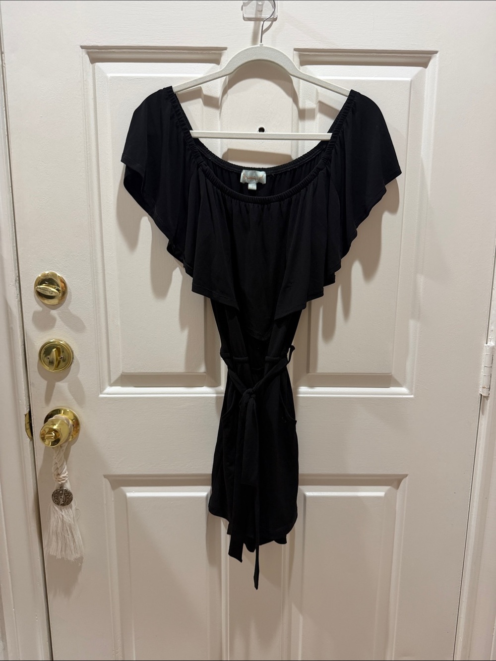 Veronica M Black Off-Shoulder Ruffle Tie-Waist Tunic